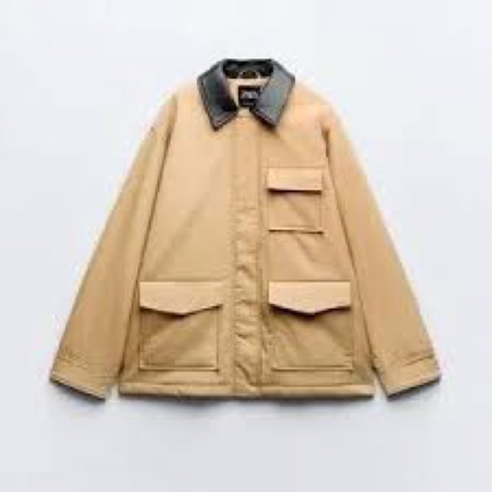 Zara Women's Tan Utility Jacket with Black Collar